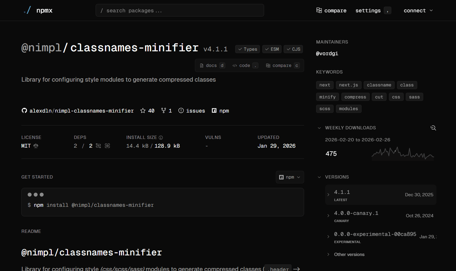 Screenshot of https://npmx.dev/package/@nimpl/classnames-minifier of that days